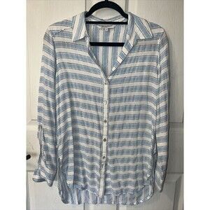 FOXCROFT Women’s Blue & White Striped Button Down Shirt High Low Top Size‎ 8